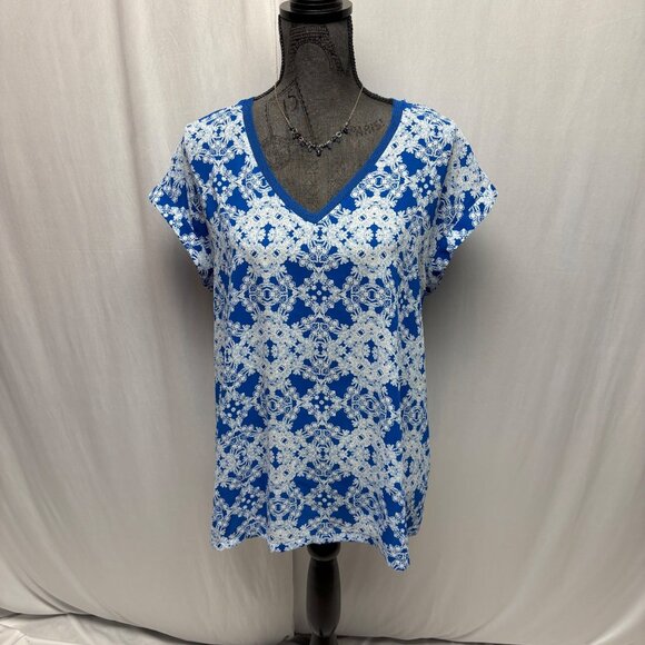 Worthington Blouse Womens Size Large Blue White Lacey Floral V-Neck Short Sleeve - Picture 1 of 6